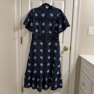 Shoshanna Navy Blue Cotton Eyelet Half Sleeve Midi Dress 10